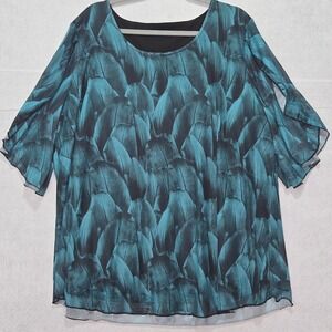 R#9 Plus Size 5XL Teal Black Feather Print Sheer Flutter Sleeve Tunic Top‎